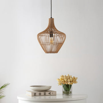 Lucas 13" Farmhouse Coastal Rattan 180" Cord Plug-In or Hardwired LED Pendant - JONATHAN Y